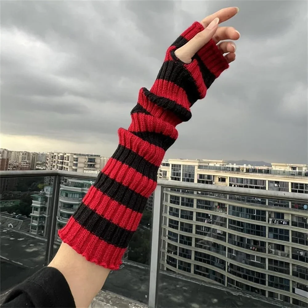 Goth Arm Warmers Y2K Arm Sleeves Fingerless Gloves for Women Black Red